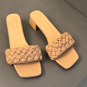 Braided Strap Tan Slide Sandals - Women